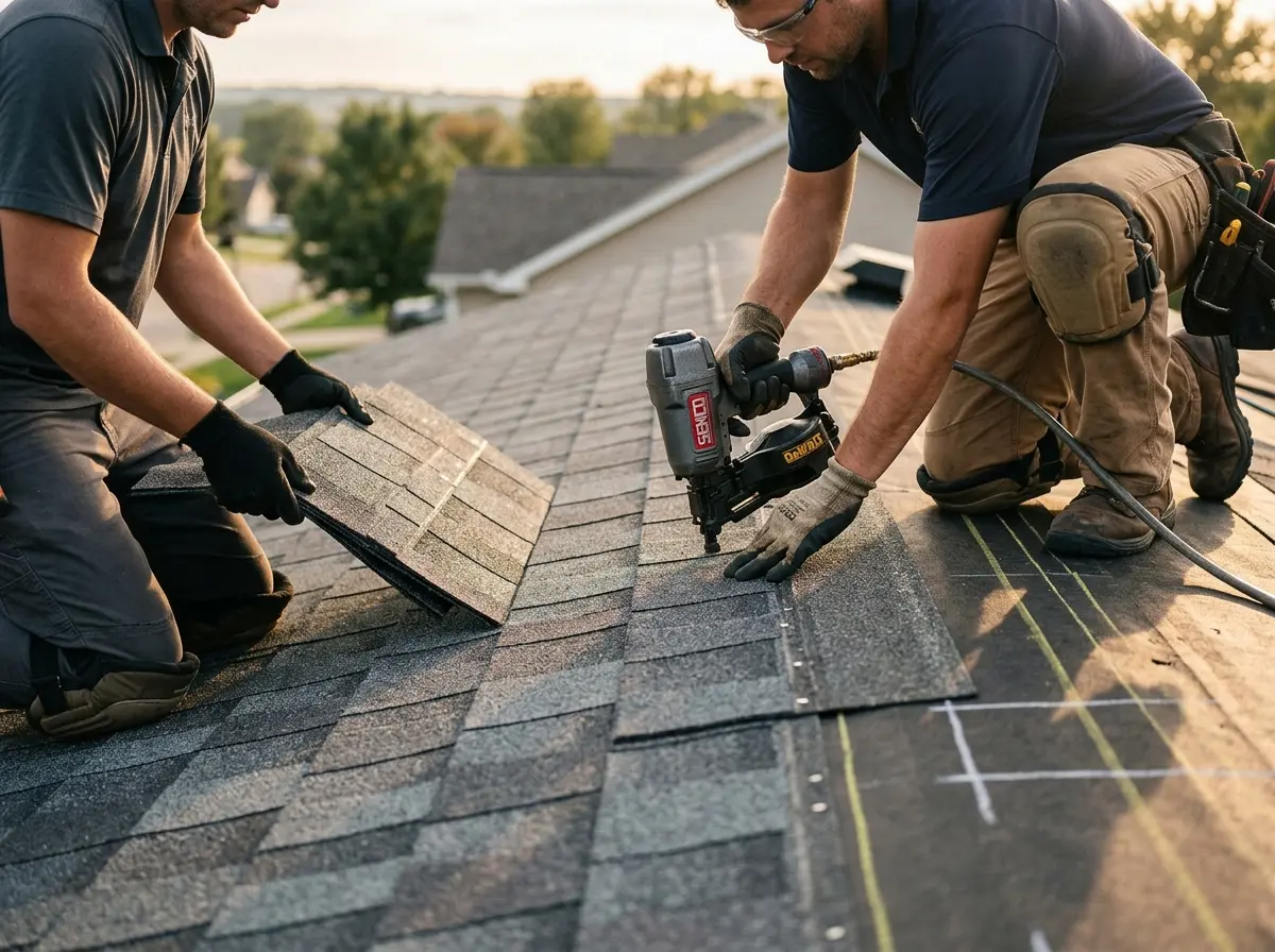Professional roofer working on a residential roof in Price